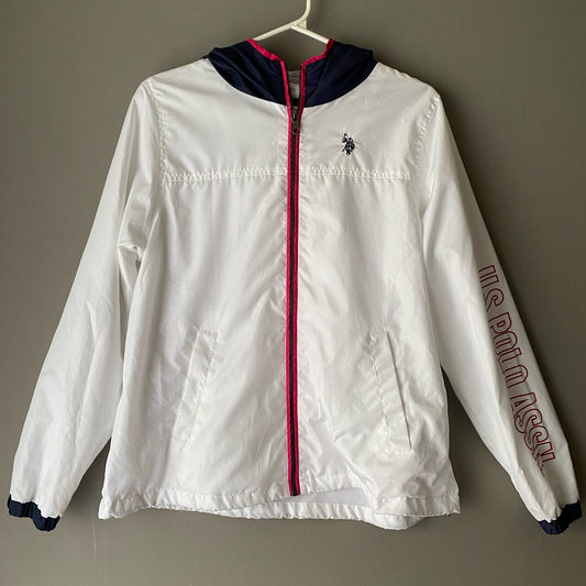 U.S. Polo Assn. sz L white blue red vintage windbreaker hooded jacket