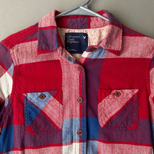 American Eagle outfitters sz 4 red blue 100% cotton flannel shirt