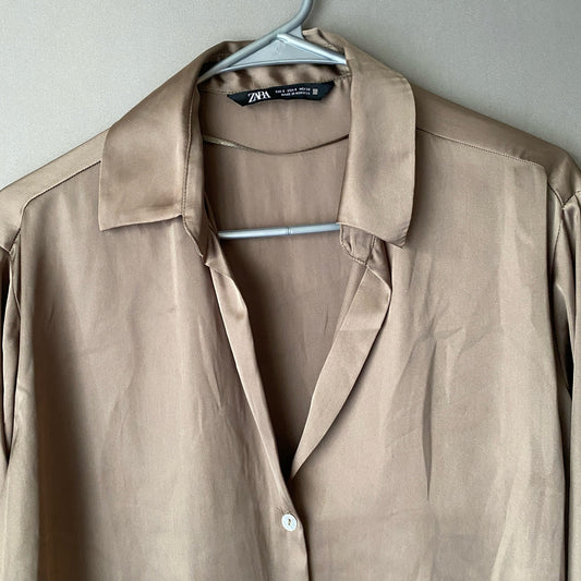 Zara sz S tan long sleeve button down flowy blouse