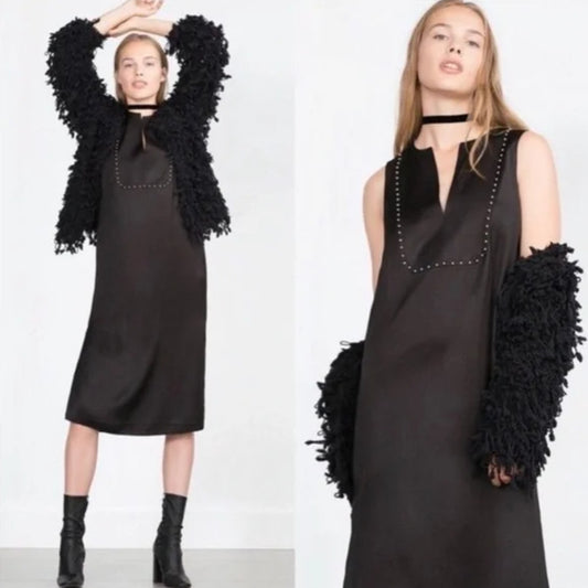 Zara sz S black studded shift midi dress